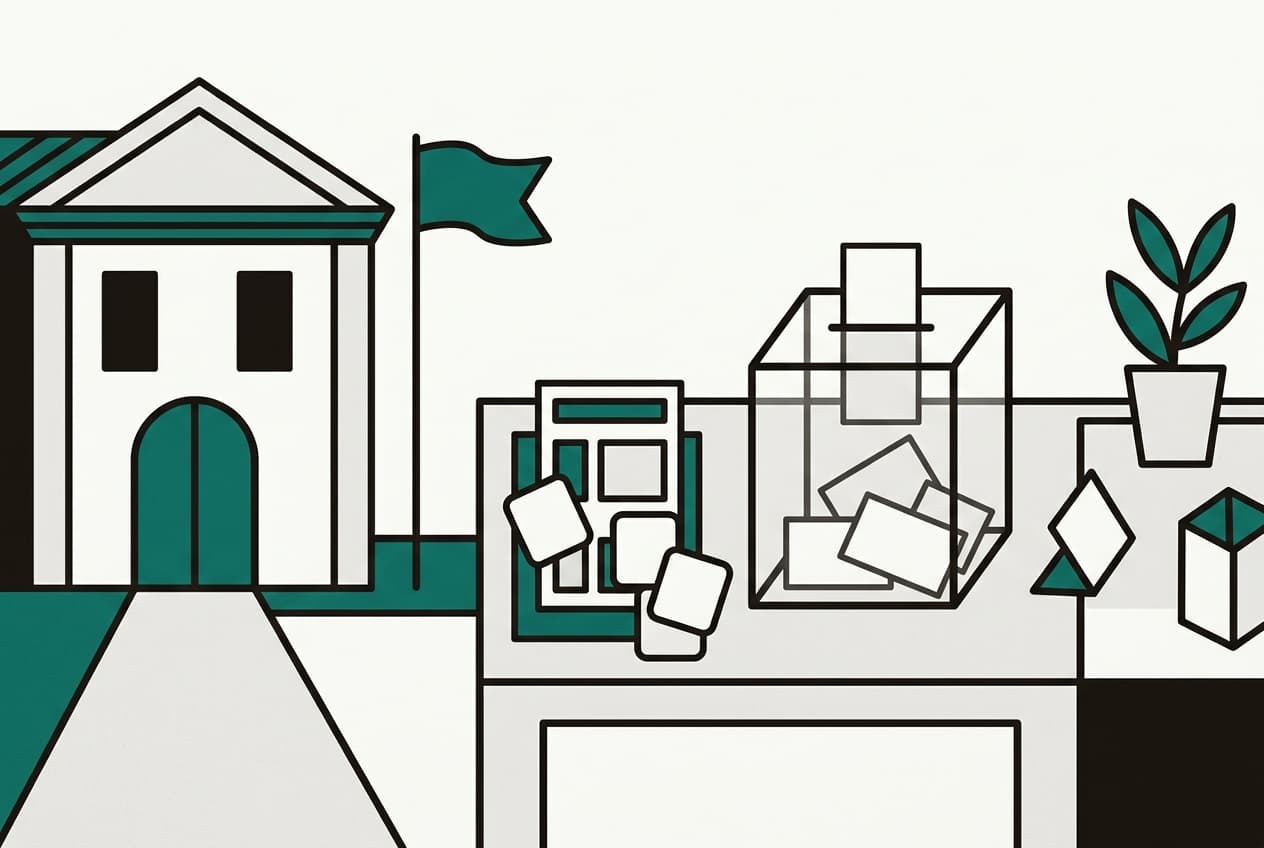Planche d'illustration : mairie, bureau, liste, bulletin, urne