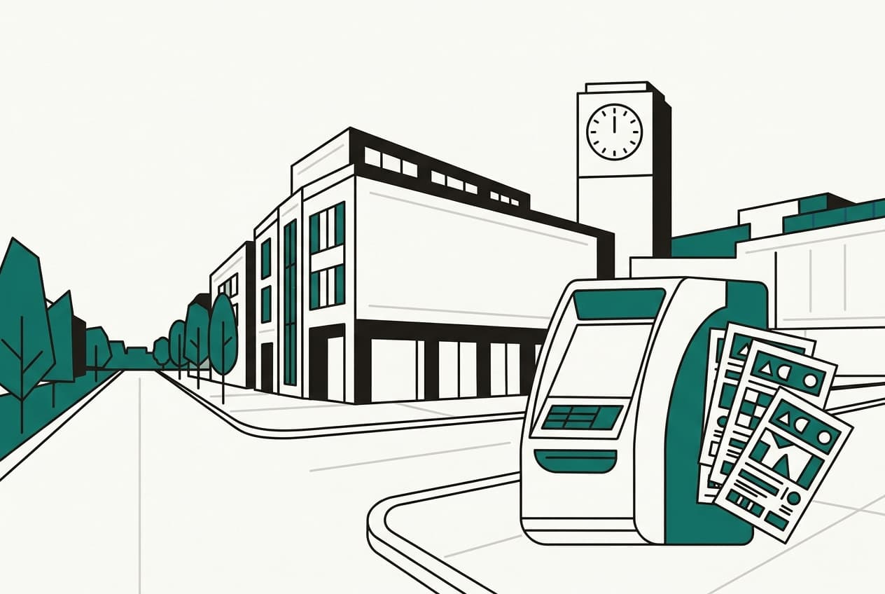 Assiette d'illustration : billets de loterie, machine à sous, bâtiment, rue, horloge