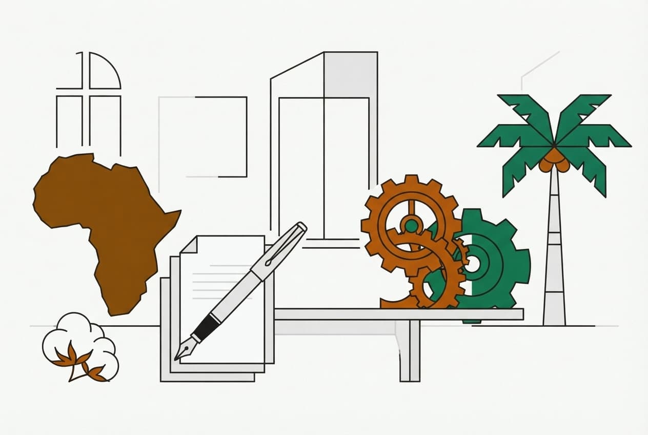 Illustration plate : carte d'Afrique, documents, stylo, coton, engrenage, palmier à huile