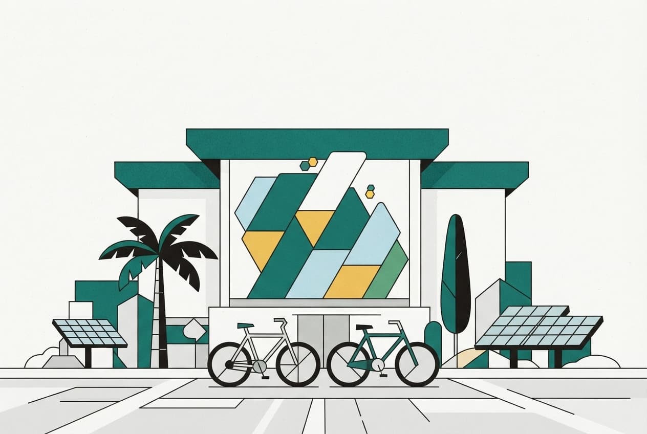 Illustration plate : Bâtiment, Arbre, Panneau solaire, Palmier, Vélo, Rue