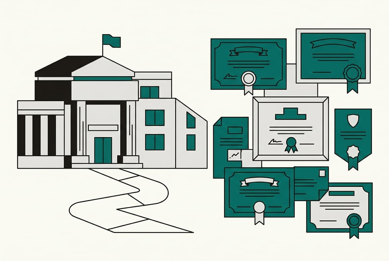 Flat illustration of an administrative building with a stack of certificates.