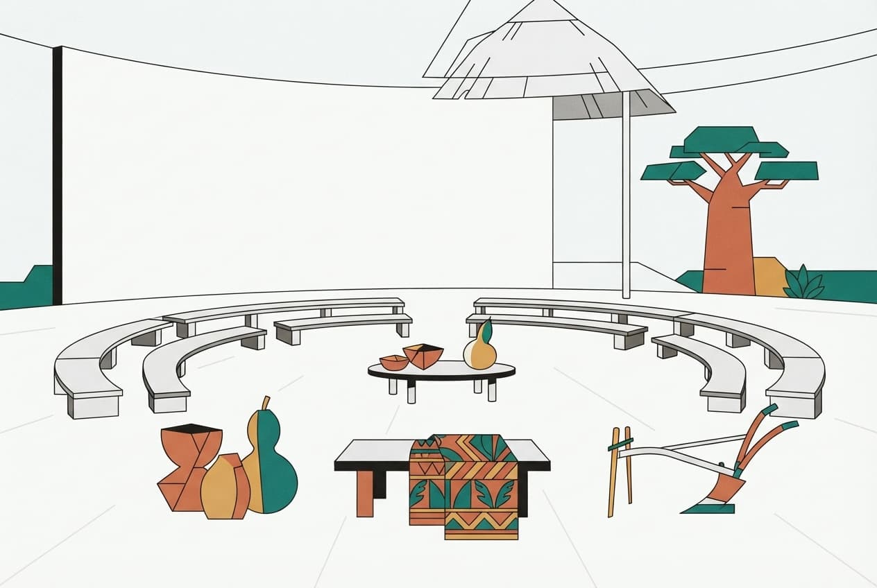 Illustration plate : Noix de cola, Calebasse, Baobab, Tissu pagne, Daba