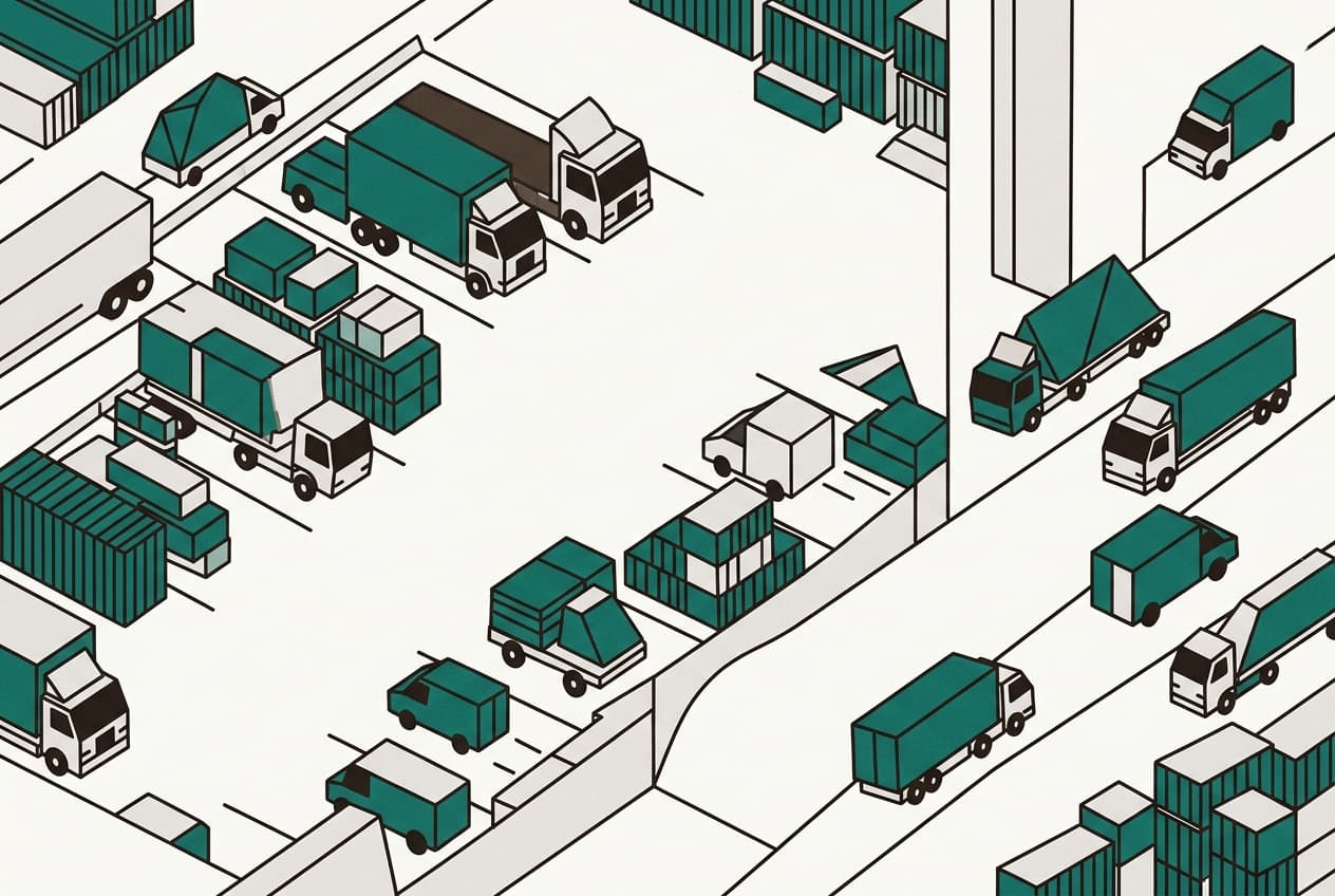 Flat illustration of trucks loading cargo on a street, with a nearby empty designated parking area.