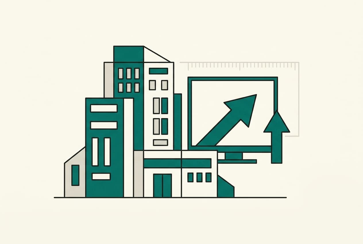 Flat illustration of a corporate building with a large television screen displaying an upward arrow.