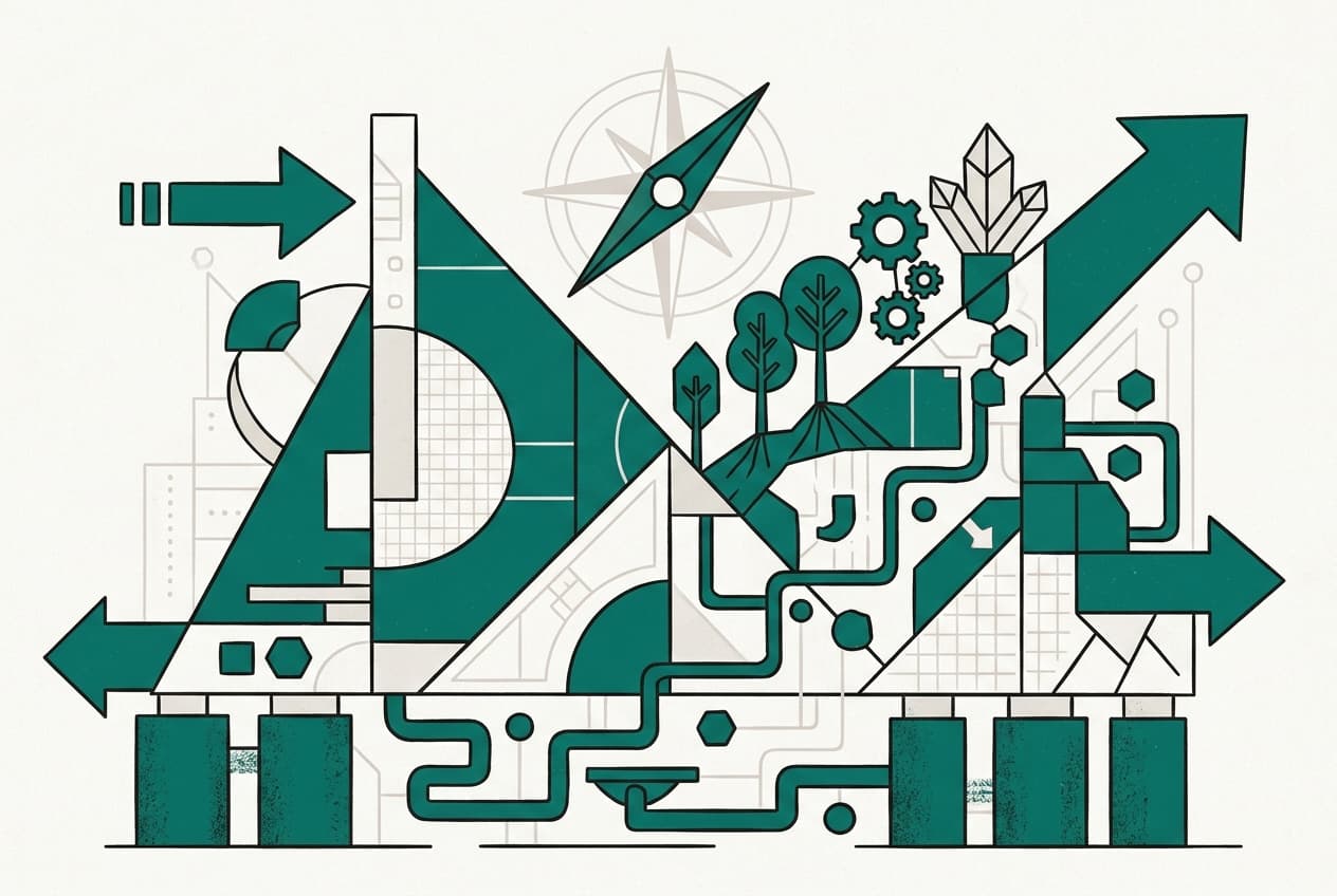 Flat illustration of an open strategic plan document with charts and future projections, set against a subtle map outline of a nation.
