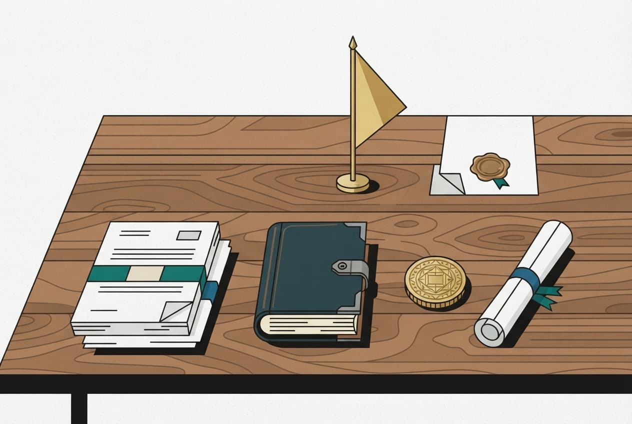 Illustration plate : document, registre, sceau, drapeau, pièce de monnaie, table en bois