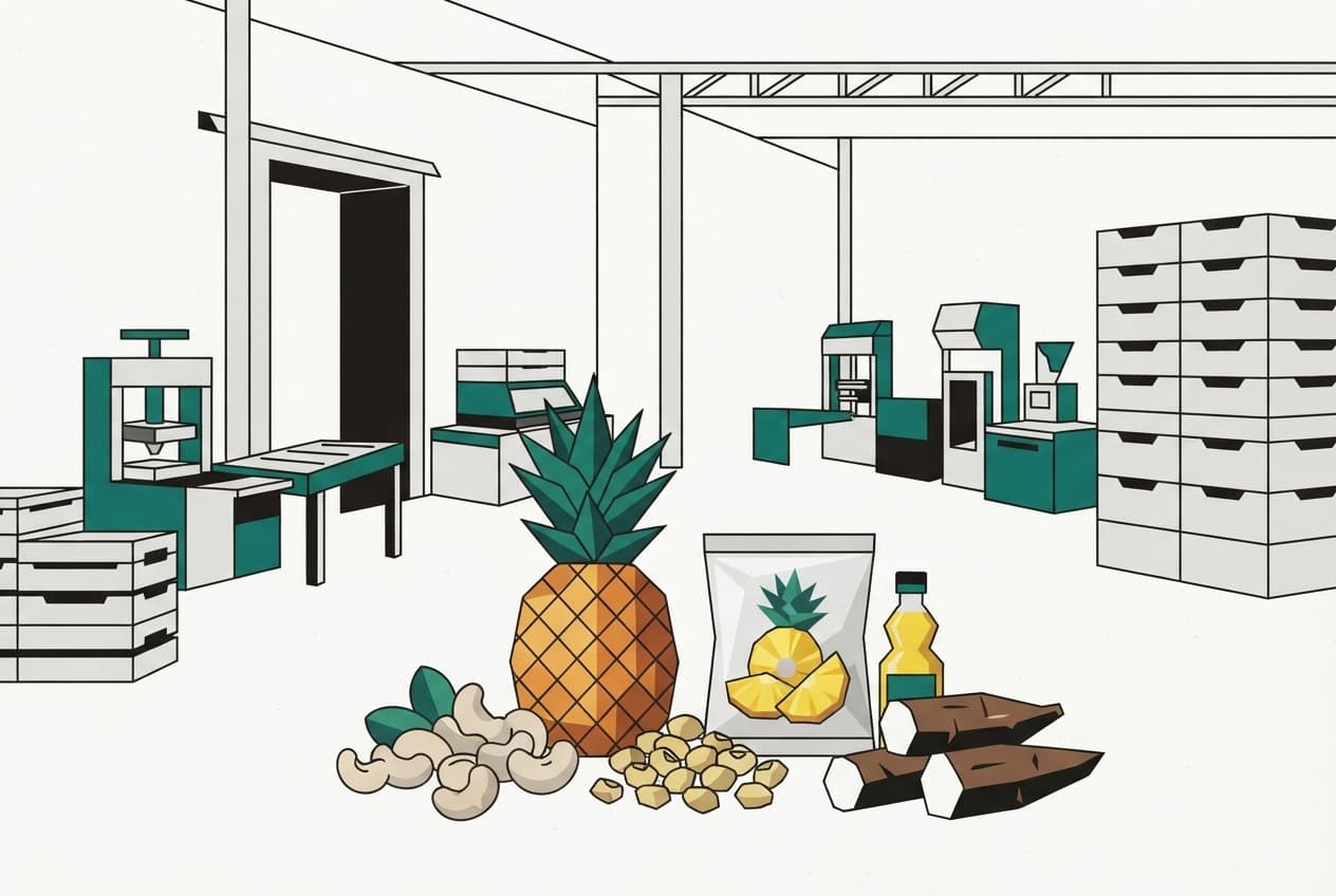 Illustration plate : ananas, cajou, soja, manioc, produit transformé