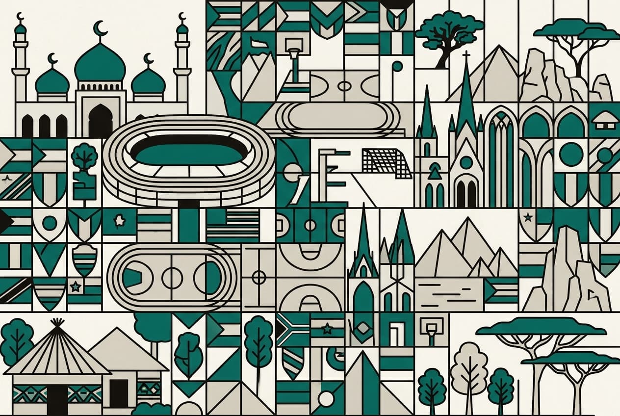 Flat illustration of an African country map and a European country map connected by a dotted line, alongside a sports stadium and a religious building.