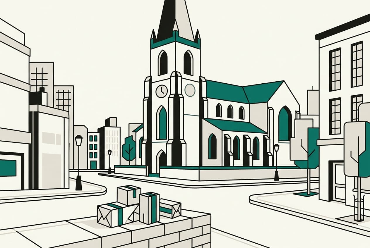 Flat illustration of a city street with small packages of drugs on the ground and a church building in the background.