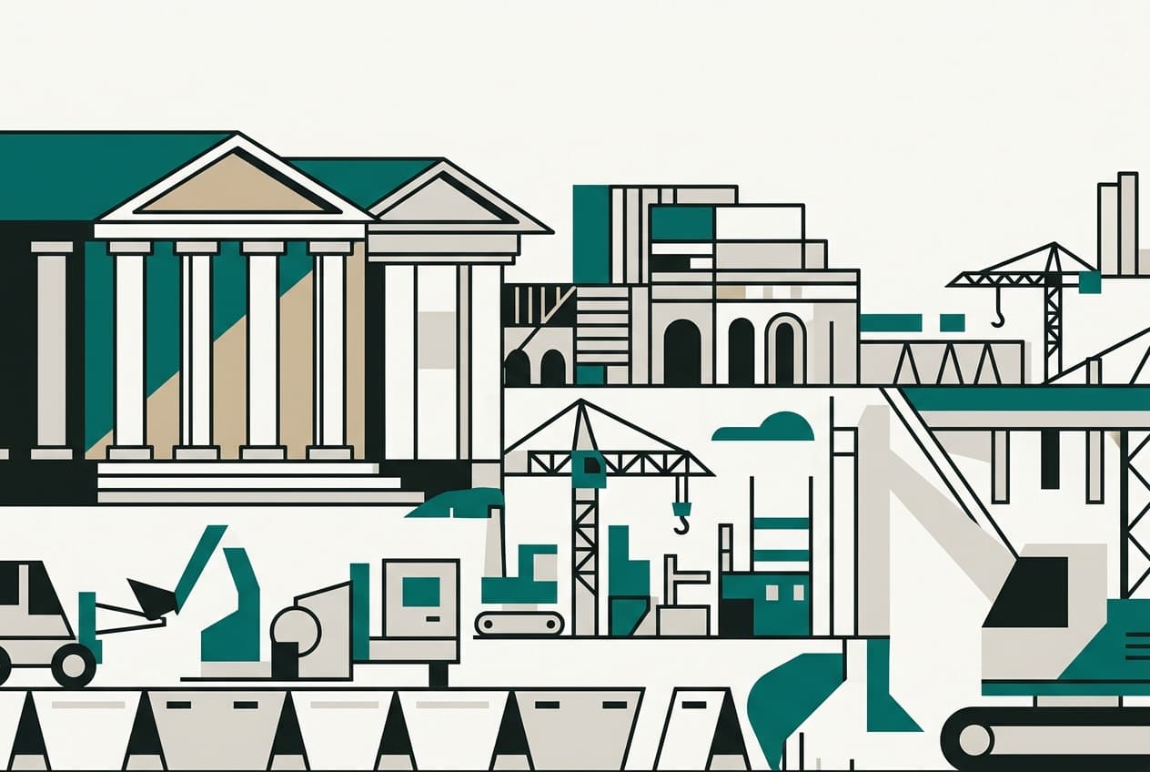 Plat d'illustration : tribunal, banque, entreprise de construction, construction routière